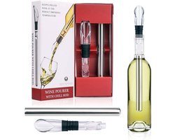 Wijnkoeler - Wijnkoeler Stick - 3-in-1 Wijnkoeler van Roestvrij Staal - Snel Wijnkoelstaaf zonder Ijs - Wijnbeluchter en Schenkstop - Incl. Cadeauverpakking - Rood - Zonder stop