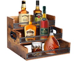 Wijnrek, flessenrek, houten wijnkast met dienblad, minibar, 3-laags barrek voor sterke drankflessen, barkast voor 12 flessen, bardisplay, l voor wijn en whisky