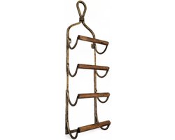 Wijnrek hangend metaal goud met houten randen voor 4 flessen. Afmetingen 18x12x70 cm.
