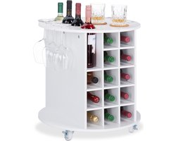Wijnrek op wielen - 360 graden draaibare wieltjes - 6 glazenhouders - opbergruimte voor 17 flessen - HxØ 56x54cm - wit