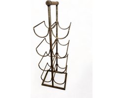 Wijnrek staand 8 flessen metaal goud met houten handvat. Afmetingen 19,5 x 19,5 x 60 cm