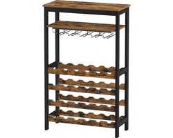 Wijnrek voor 24 wijnflessen met glashouders voor keuken bar eetkamer vintage bruin-zwart.