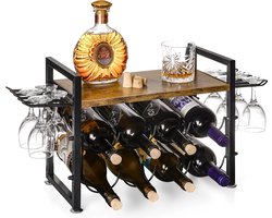 Wijnrek Vrijstaand met Glashouder - Metaal en Hout - Muur - Wijn Rek Staand - Zwart - Wijnrekken - Wijnkast