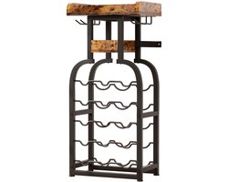 Wijnrek Vrijstaand met Glashouder - Wijnrekken - Metaal en Hout - Muur - Wijn Rek Staand - Zwart - Wijnrekken - Wijnkast