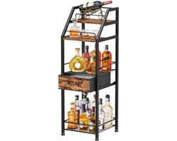 Wijnrek Vrijstaand Vloer – 4-Laags Getrapte Drankkast Met Stoffen Lade – Wijn- En Glasorganizer Voor Woonkamer, Keuken Of Eetkamer