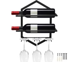 Wijnrek Wandgemonteerde Metalen Wijnhouder Wijnglashouder Hangende Staande Organizer Voor 2 Flessen en 3 Glazen Inclusief Rood Thuis Keuken Bar Displaydecoratie - Zwart 1