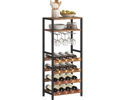 Wijnrek - Wijnkast - Metaal - Hout - Flessenrek voor 16 flessen met glashouder - IN-HOMEXL - Zwart - 50 x 24 x 100 cm - Paradiso