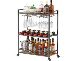Wijnrek - Wijnkast Staand - Barkast Met Flessenhouders - Wijnrekken - Barmeubel Met Wijnglashouders - Drankkast 3 Laags - Stapelbaar & Industrieel – Keukentrolley – 63,2 x 30 x 81,5cm