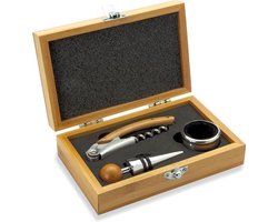 Wijnset 3 delig in bamboe kist - Giftbox met kurkentrekker, wijnring en flessenstop van RVS - Wijn & Co