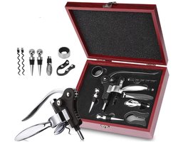 Wijnset Sommelier Kurkentrekker – 8-delig - RVS - Houten Etui