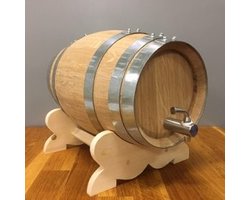 Wijnvat 5 liter van Nieuw Eiken met Houten Stop en Onderstel, met RvS Kraan - Wijnvat - Whiskyvat - Eiken Vaatje
