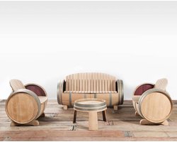 Wijnvat Loungeset XL "Ilja Gort" 2 x stoel, 1 x bank & 1 x tafel geborsteld, geschuurd