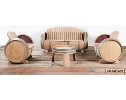 Wijnvat Loungeset XL "Ruby" 225l., 2 x Stoel, 1 x Bank & 1 x Tafel, geborsteld, geschuurd