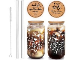 Wildflower glazen drinkbekers met deksels en rietjes - Set van 4 - Herbruikbare bekers - 20oz - Perfect cadeau voor vrouwen, zus en moeder - Ideaal voor ijskoffie en bier