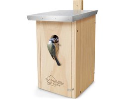 Wildlife Home - Houten nestkast voor de Pimpelmees - Met metalen dak - Onbehandeld grenen hout - 28mm invliegopening