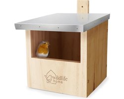 Wildlife Home - Houten nestkast voor Roodborstjes - Met metalen dak - Onbehandeld grenen hout - Open invliegopening