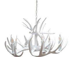 Wild’nChic - Luxe Kroonluchter Herten Gewei - 6 Lichts - Wit - E14 Fitting - Landelijk, Rustiek, Modern, Designlamp, Dierenlamp, Hanglamp, Plafondlamp, Woonkamer, Eetkamer, Slaapkamer