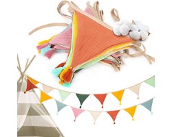 Wimpelslinger van stof 2 x 26 meter voor kinderkamer en tuinfeest - vlaggetjesslinger van 100% biologisch katoen - wanddecoratie voor kinderkamer buiten - kleurrijke feestslinger met biologische stof - duurzame vlaggenlijn voor feestelijke sfeer