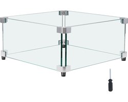 Windbescherming voor Gashaarden voor Vierkante Vuurtafel, 543 X 543 X 191 mm. Helder, Gehard, 8 mm Dik Vierkant Glazen Scherm. Geleverd met Harde Hoeksteun en Voetjes voor Open Haarden
