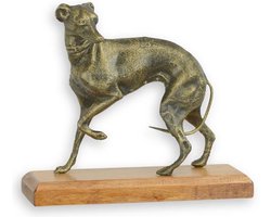 Windhond beeld – gietijzer op houten voet | Greyhound hondenbeeld, bronzen look sculptuur, luxe woondecoratie voor dressoir/vensterbank, klassiek & modern interieur, perfect cadeau voor hondenliefhebbers en designfans