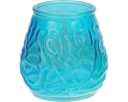 Windlicht geurkaars - 4x - blauw glas - 48 branduren - citrusgeur