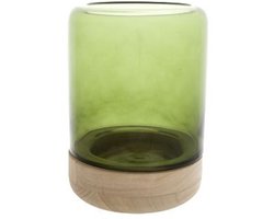 Windlicht Glas Op Houtvoet Groend15xh20c