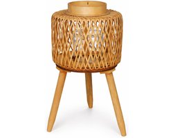Windlicht Lantaarn op Standaard – Rotan Tafellantaarn met Glas – 43,5 cm Hoog – voor Binnen & Buiten – Bruin