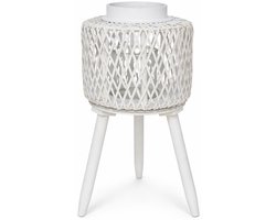 Windlicht Lantaarn op Standaard – Rotan Tafellantaarn met Glas – 43,5 cm Hoog – voor Binnen & Buiten – Wit