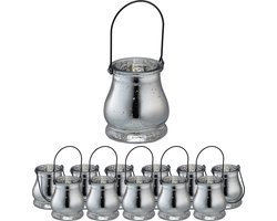 windlicht lantaarn - set van 12 - glas - binnen - buiten - 10 x 8,5 cm - zilver