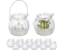 windlicht lantaarn - set van 12 - rond - met hengsel - 7,5 x 8 cm - waxinelichthouder glas
