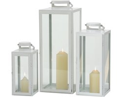 Windlicht / lantaarn set van 3. Wit metaal