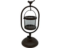 Windlicht met vogel roestbruin ijzer glas 31 x 13 cm Kaarsenhouder | 813150 | Home Sweet Home | Stoer & Sober Woonstijl