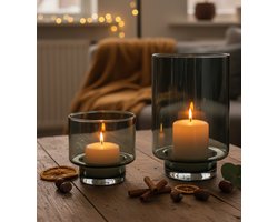 Windlicht Set Thames en Tees | Grijs | Mondgeblazen glas | Ø14 x H21 cm en Ø11,5 x H11,5 cm