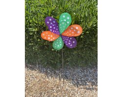 Windmolen met dubbele bloem + sterretjes - paars/groen/oranje + sterretjes - nylon + kunststof steker- dia 40+27 cm x hoogte 70 cm - Tuinaccessoires - Tuinstekers