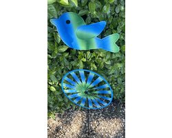 Windmolen met "Gekleurde Vogel" - meerkleurig + blauw/groen - nylon + kunststof steker- dia 28 cm x hoogte 83 cm - Tuinaccessoires - Tuinstekers