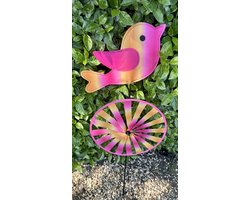 Windmolen met "Gekleurde Vogel" - meerkleurig + roze/oranje - nylon + kunststof steker- dia 28 cm x hoogte 83 cm - Tuinaccessoires - Tuinstekers