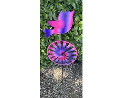 Windmolen met "Gekleurde Vogel" - meerkleurig + roze/paars - nylon + kunststof steker- dia 28 cm x hoogte 83 cm - Tuinaccessoires - Tuinstekers