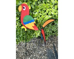 Windmolen met "Papegaai" - meerkleurig + rood - nylon + kunststof steker - dia 44 cm x hoogte 88 cm - Tuinaccessoires - Tuinstekers