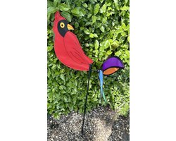 Windmolen met "Rode Vogel" - meerkleurig + rood - nylon + kunststof steker - dia 44 cm x hoogte 88 cm - Tuinaccessoires - Tuinstekers