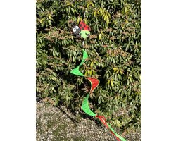 Windmolen met spiraal "lieveheersbeestje" - groen en rood - nylon + kunststof - dia 26 cm x hoogte 115 cm - Tuinaccessoires - Windmolens