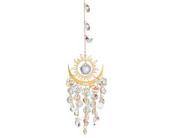 Windspinner - Windgong buiten - Kristallen Suncatcher Zon & Maan 38 cm - Kleurrijk - Hangende Regenboogmaker met Prisma Kristallen voor Raam, Balkon en Tuin