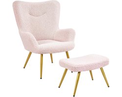 Wing fauteuil met kruk polyester bekleding, televisiestoel armleuningstoel gestoffeerde stoel relaxstoel cocktailstoel teddy pluche stijlvol design roze