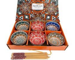 Winkrs - 6 Boheemse Schaaltjes/kommen set met Stokjes - Mandala - Servies set 6 Boho kommetjes voor rijst, yoghurt, soep, saus etc. Rood/groen/oranje Keramiek