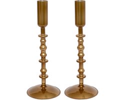 WinQ! -Kandelaar glas 10x10x29cm - 2Stuks - Kaarsenhouder Metallic Koper geschikt voor dinerkaars - woonkamer decoratie-cadeau