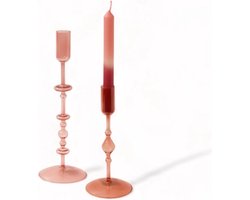 WinQ!- Kandelaar glas 10x22cm en 10x29cm- Set van 2-Kaarsenhouder in Roze - geschikt voor dinerkaars-woonkamer decoratie-cadeau