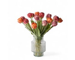 WinQ-Kunsttulpen in een boeket in diverse warme kleuren-21 Tulpen-Rood, Oranje, mauve-Zijden bloemen