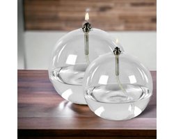 WinQ- Olielamp in Bolvorm 10 en 12cm Set 2st-helder glas-inclusief Lont-makkelijk hervulbaar-mooie warme sfeerverlichting