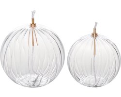WinQ!- Olielamp in Bolvorm met Ribbelstructuur 10en 12cm Set 2st-helder glas-inclusief Lont-makkelijk hervulbaar-mooie warme sfeerverlichting