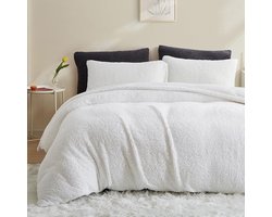 Winter Feece Beddengoed, 200 x 220 cm, kasjmier, touch, super warm Sherpa dekbedovertrek, wollig, teddyfleece, flanellen dekbedovertrek met ritssluiting en 2 kussenslopen 80 x 80 cm, wit