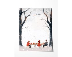 Winter Picknick Tafel - Poster 70x100 cm sfeervolle wanddecoratie voor woonkamer en slaapkamer - Premium papier - Zonder lijst